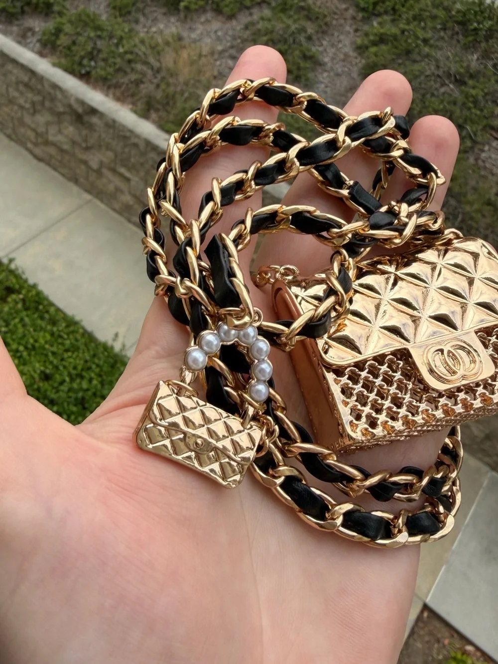 Mini Purse Charm Gold Chain Belt– Statement Waist Belt